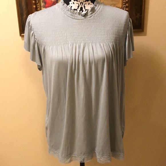 Xhilaration flutter sleeve high ruffle neck upper bodice tucking and crochet hem - Picture 1 of 11